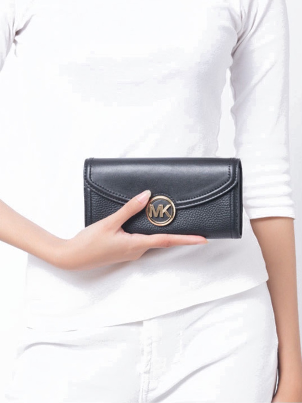 Michael Kors Black Leather MK Logo Flap Wallet with Gold Accent